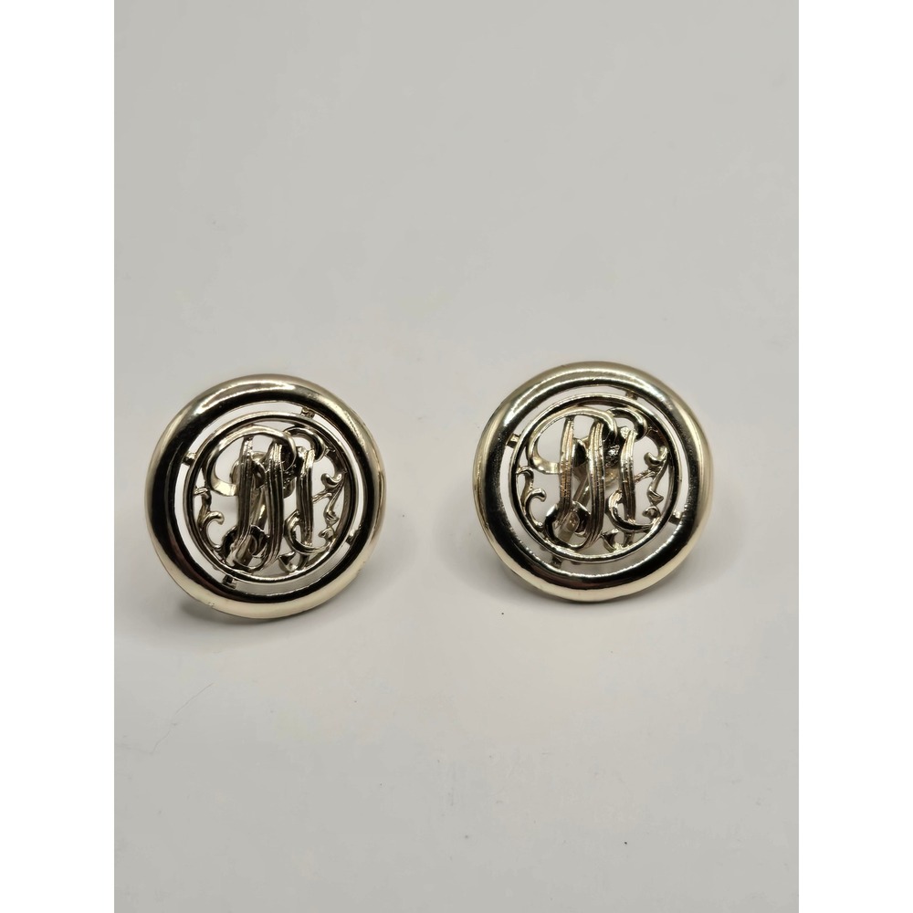 Vintage Star Silver Tone Monogram Openwork Screw Back Round Button Earrings